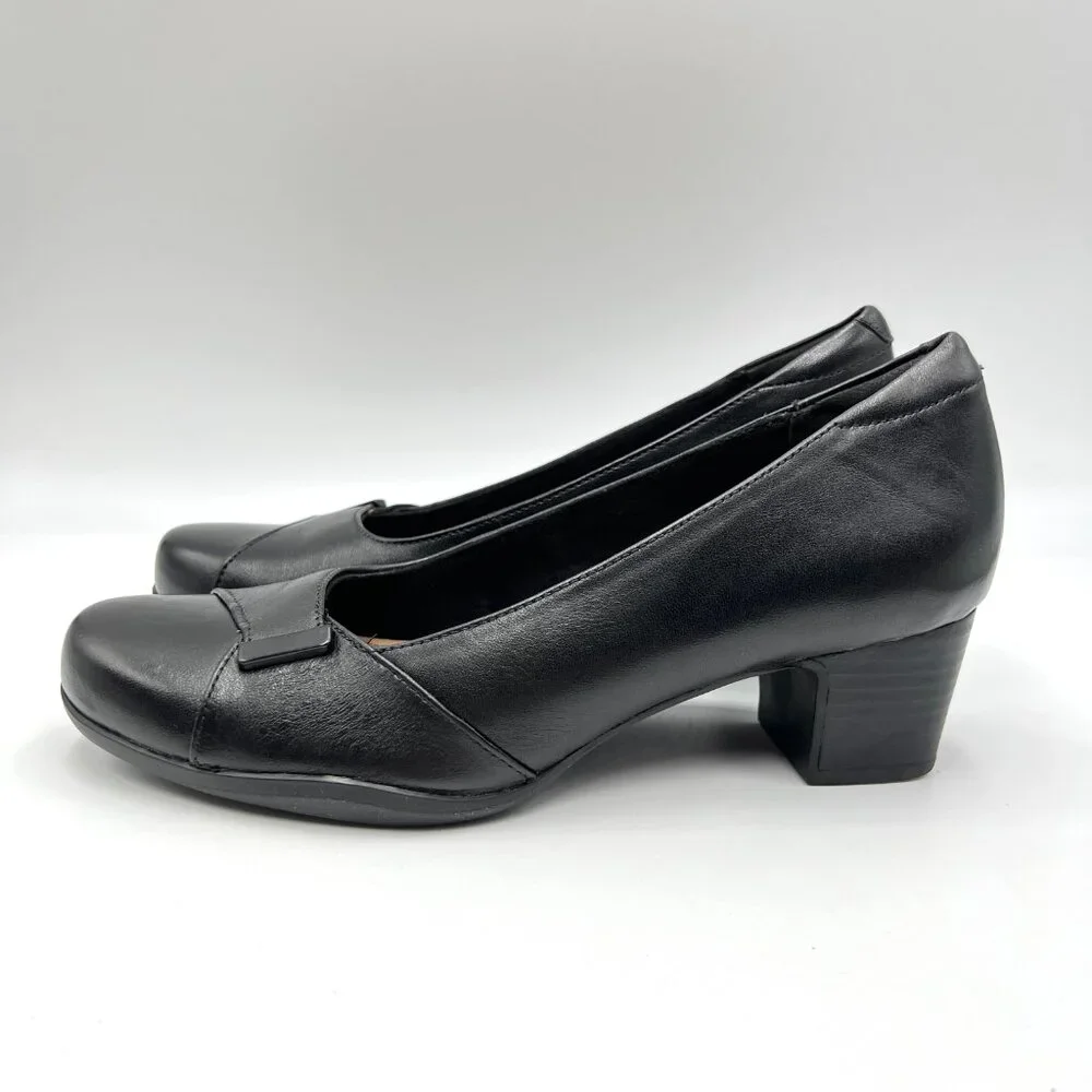 8N 8 NARROW‎ WIDTH Clarks Womens Rosalyn Belle Black Leather Pumps Heels Shoes